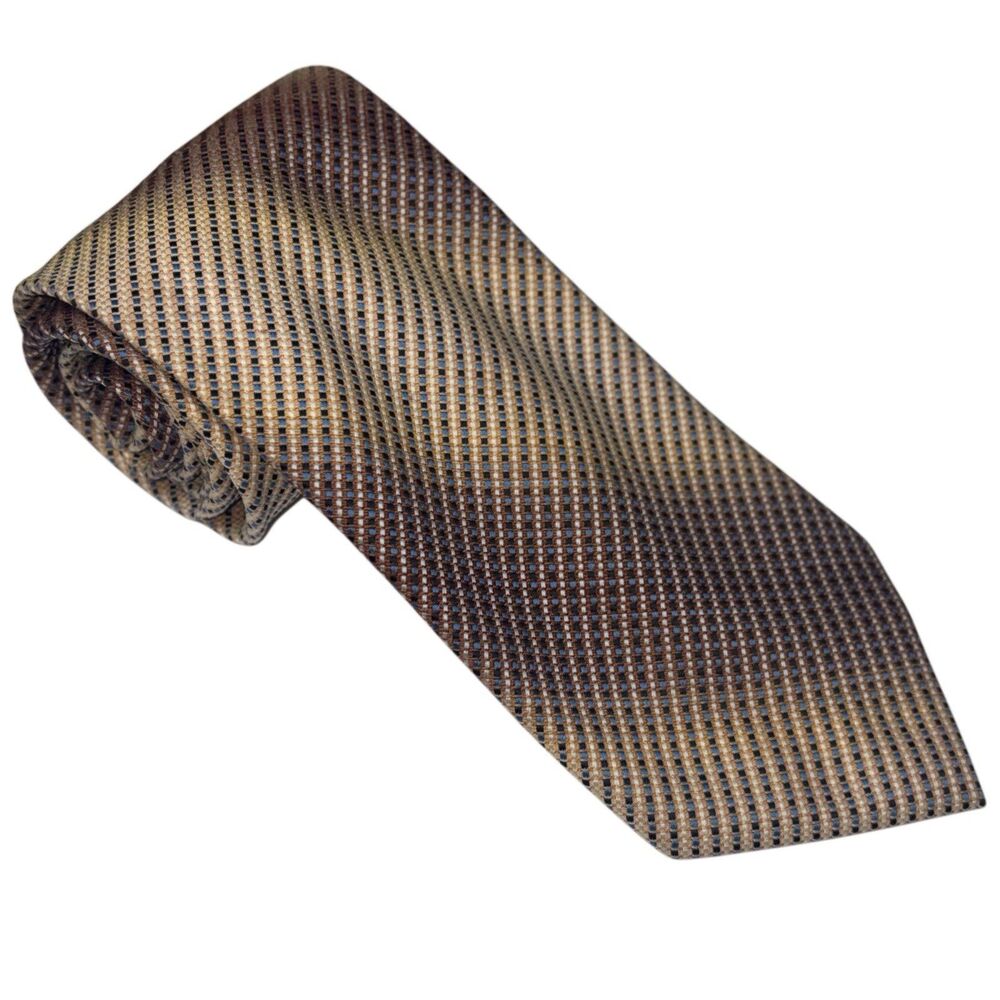 Ermenegildo Zegna Tie Silk Beige Gold Brown Woven Geometric Italy 3.75" W 90's